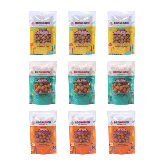 PROMUNCH Travel Combo Pack (Cheese and Onion-3, Peri Peri-3, Noodle Masala-3) 30gm x 9
