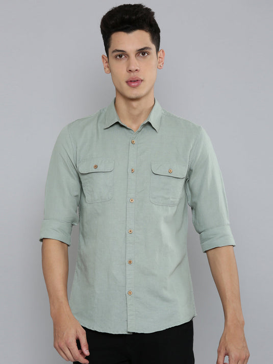 Men Hemp Lily Green Double Pocket Utility Shirt