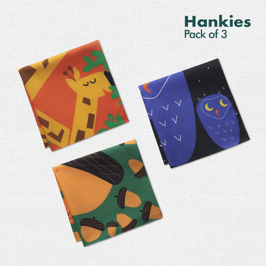 Animals Day Out! Unisex Kid's Hankies, 100% Organic Cotton, Pack of 3