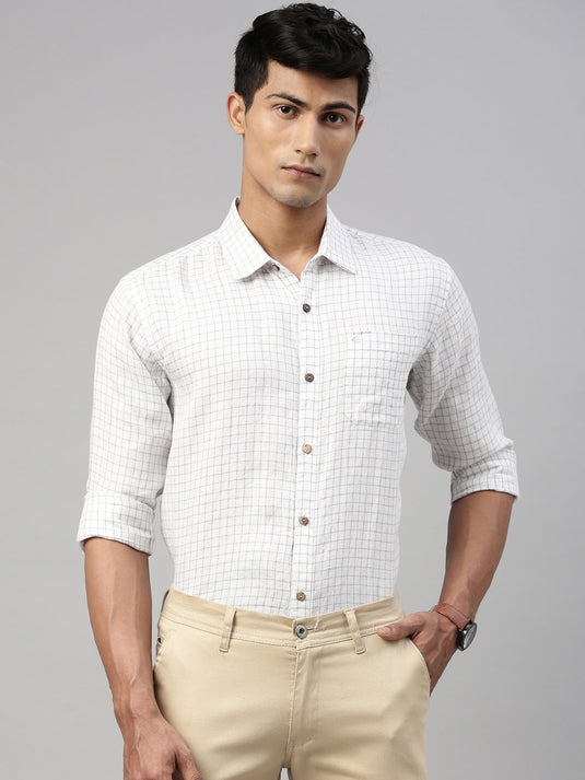 Men White Beige Checks Hemp Full Sleeve Shirt