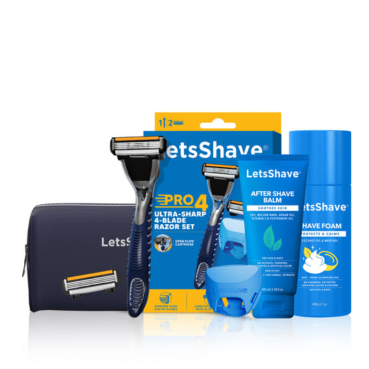 Pro 4 Gift Set for Men- Razor Handle+ 2 Blade Refills with Free Travel Cap, After Shave balm and Transparent Shave Gel 30ml, Travel Pouch