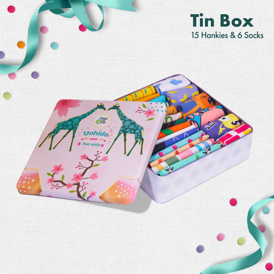 GMT! Giraffe Mood Time! Tin Gift Box, 15 Kid's Hankies + 6 Kid's Socks, 100% Organic Cotton, Box of 21