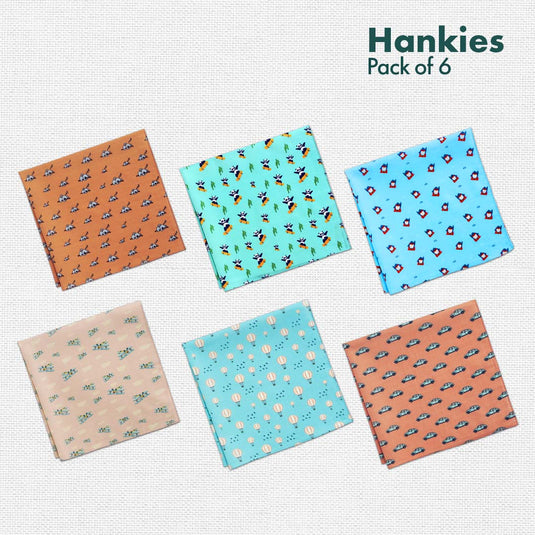 Animalholic! + Travelicious! Unisex Hankies, 100% Organic Cotton, Pack of 6