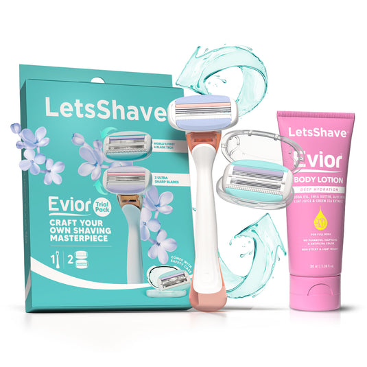 LetsShave Evior Trial Set | Body Hair Removal Razor Shaving Kit for Women | Wide Head & Open Flow Cartridge | Dual Moisture Bar & Micro Comb Guard Bar | For Arms & Legs | Womens Razor + Evior Body Lotion 100ml