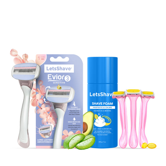 LetsShave Evior Body & Bikini Shave Combo Set for Women - 3 Blade Full Body Razor for Women, Bikini Line Trimming Razor for Women with Shave Foam