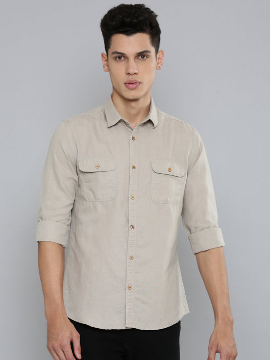 Men Hemp Beige Double Pocket Utility Shirt