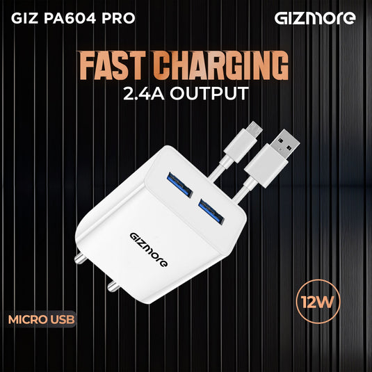 GIZMORE PA604C PRO 5V/2.4A Fast Charging Adapter with Inbuilt Type-C Cable