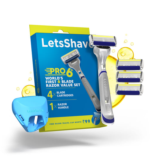 LetsShave Pro 6 Plus Face & Head Shaving Razor Value Set | World's First 6-Blade Razor with Precision Edge | Argan Oil & Aloe Vera Infused moisturizing strip | Sold in 130 Countries | Razor + 4 Blades + Razor Cap