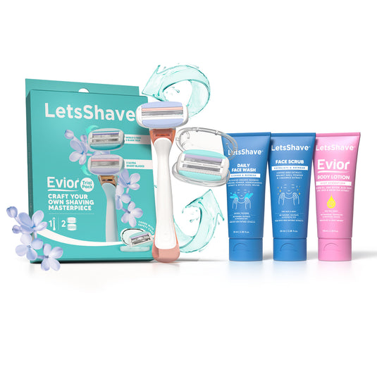 Letsshave Evior Trial Pack Executive kit for Womens | Evior Trial Pack, Body Lotion 30ml,Face Scrub 30ml, Transparent Shave Gel 30ml | Dual Moisture Bar & Micro Comb Guard Bar | Made in South Korea