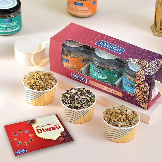 Keeros Healthy Diwali Gift Hamper of 3 Supersnack Jars  | Combo of Sweet & Salted, Tasty & Nutritious Super Snacks in Glass Jars Packed in a Beautiful Gift Hamper