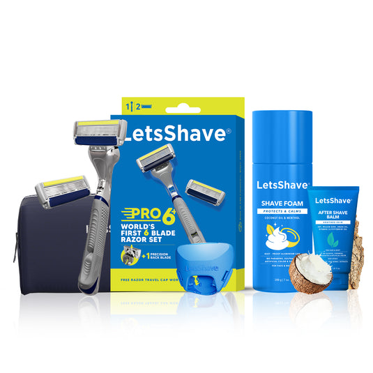 LetsShave Pro 6 Plus Lite Face & Body Shaving Razor Shaving Kit World's First 6-Blade Razor with Precision Trimmer - Razor + Shave Foam + After Shave Balm 30 ml + Travel Pouch + Razor Cap