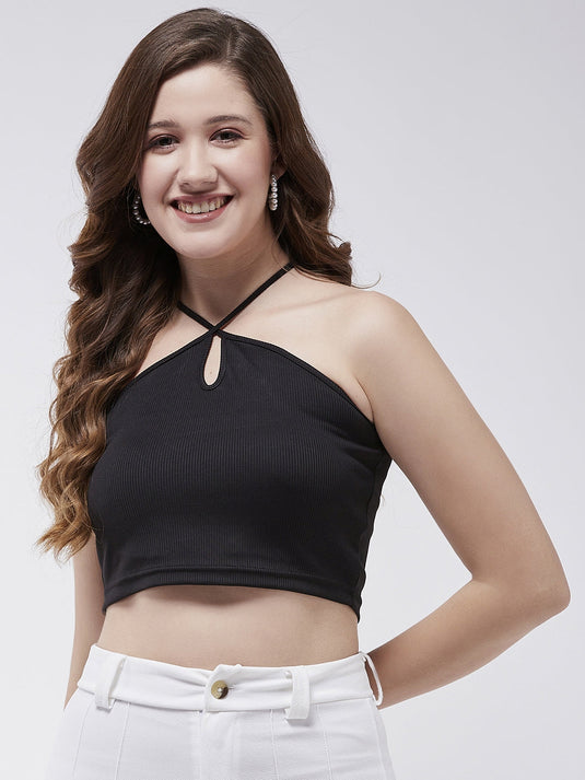 Solid Halter Neck Rib Crop Top