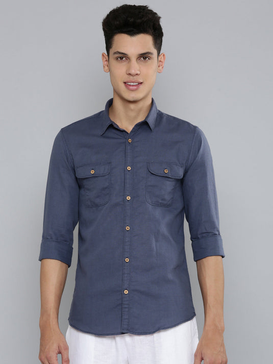 Men Hemp Midnight Blue Double Pocket Utility Shirt