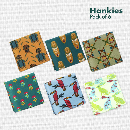 TKO! Tribal Knockout! + F&F! Flora & Fauna! Unisex Hankies, 100% Organic Cotton, Pack of 6