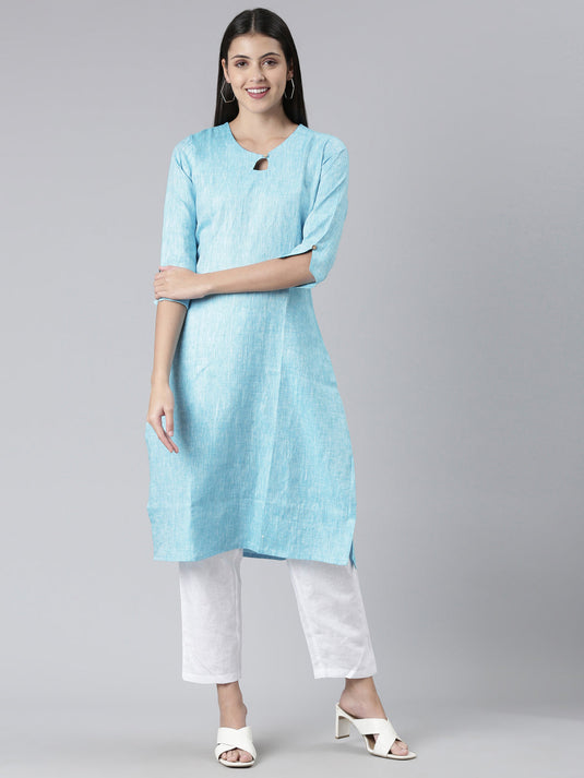 Women Solid Blue and White Kurta Set