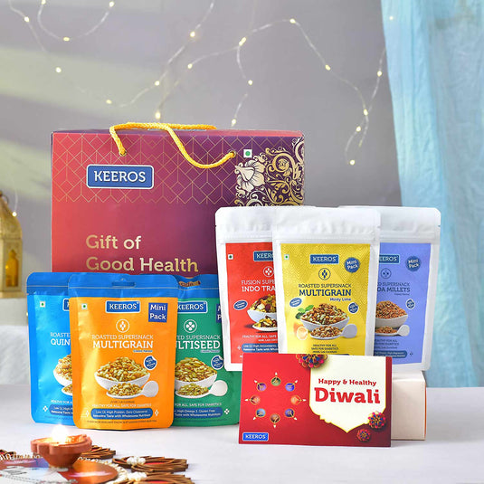 Keeros Healthy Diwali Gift Hamper with Card : Combo of Sweet & Salted,Tasty & Nutritious Snacks in a Classy Premium Gift Box | 6 Varieties of Healthy Snack Pouches of 35g to 50g