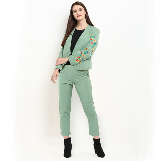 Pannkh Women's Pastel Green Embroidered Blazer