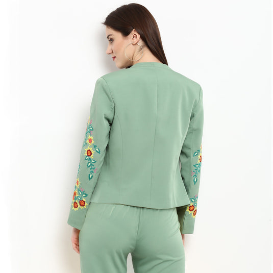 Pannkh Women's Pastel Green Embroidered Blazer