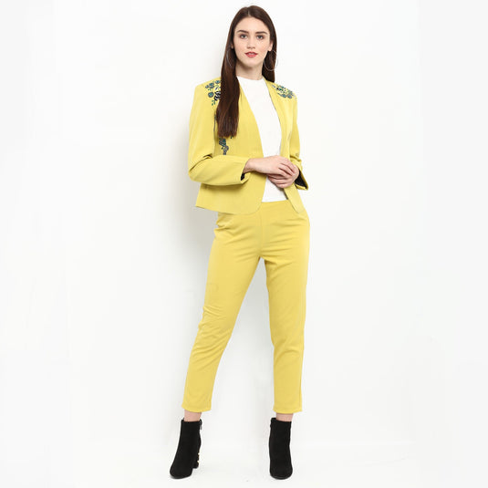 Pannkh Women's Pastel Yellow Embroidered Blazer