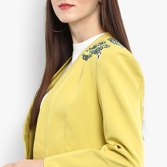 Pannkh Women's Pastel Yellow Embroidered Blazer