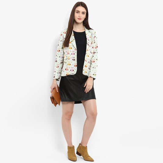 White Allover Owl Print Blazer