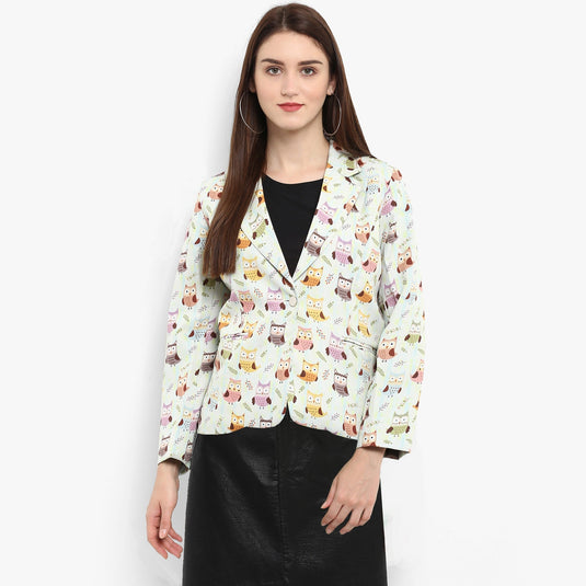 White Allover Owl Print Blazer