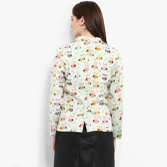 White Allover Owl Print Blazer