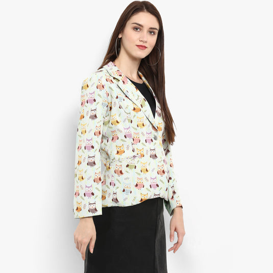 White Allover Owl Print Blazer