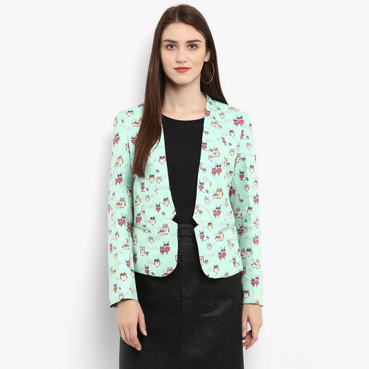 Green Allover Owl Print Blazer