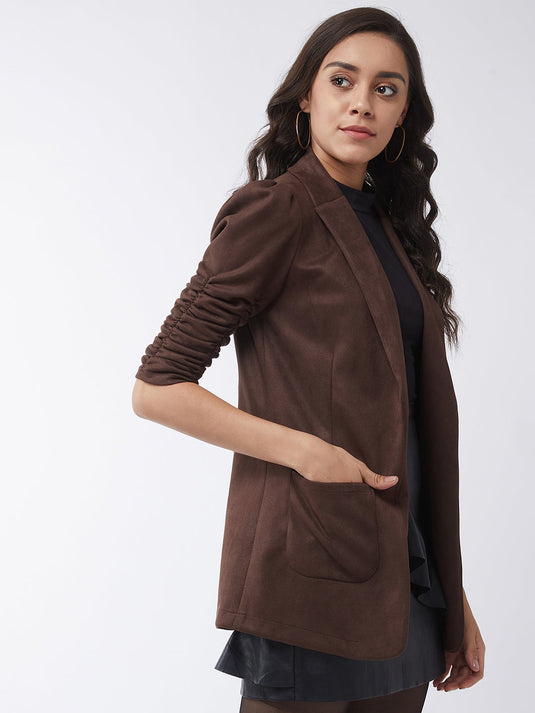 Solid Long Blazer With Ruched Sleeves