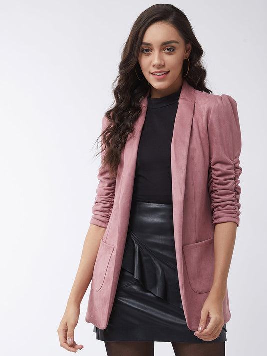 Solid Long Blazer With Ruched Sleeves