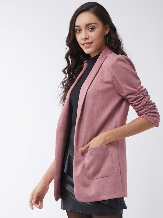 Solid Long Blazer With Ruched Sleeves