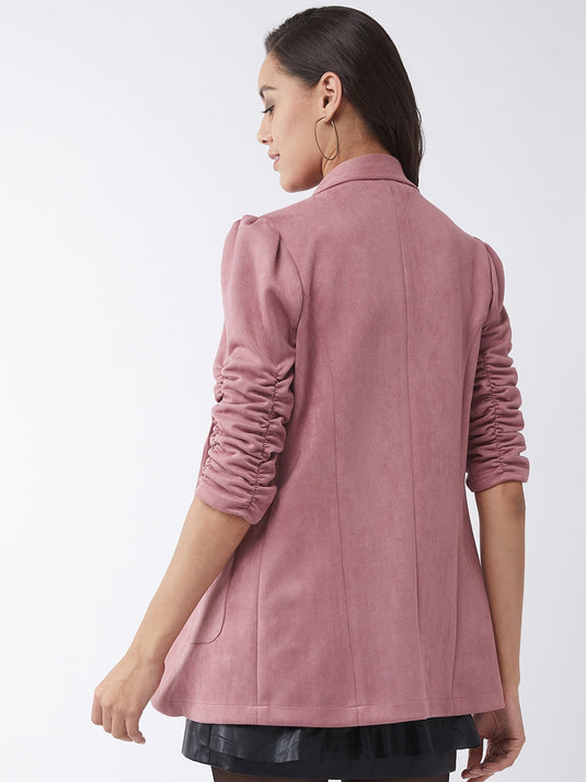 Solid Long Blazer With Ruched Sleeves