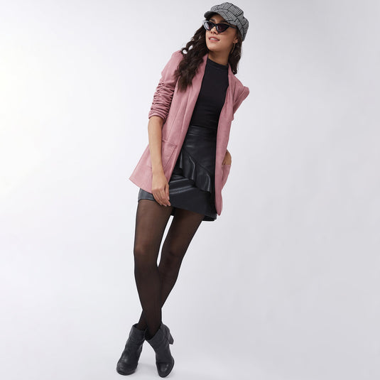 Solid Long Blazer With Ruched Sleeves