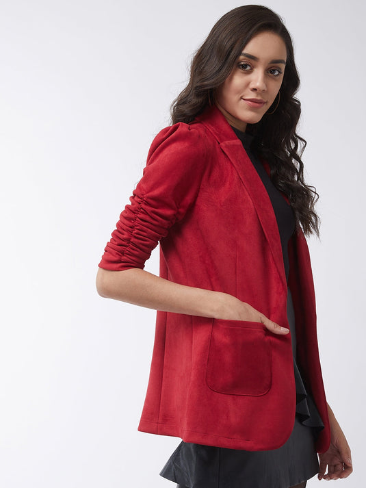 Solid Long Blazer With Ruched Sleeves