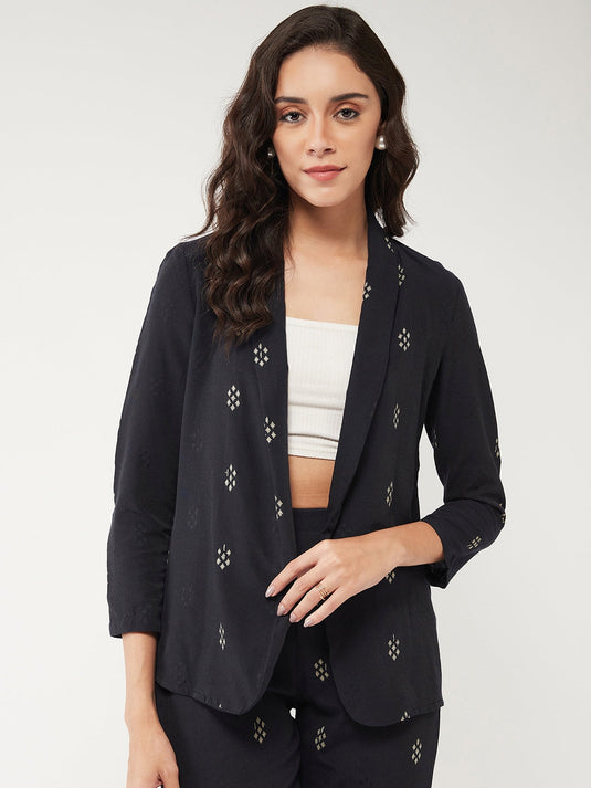 Printed Lapel Collared Front Open Blazer