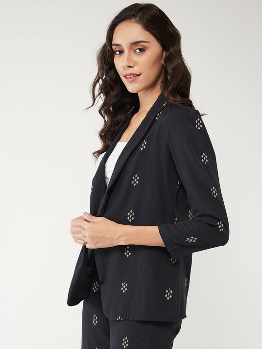 Printed Lapel Collared Front Open Blazer