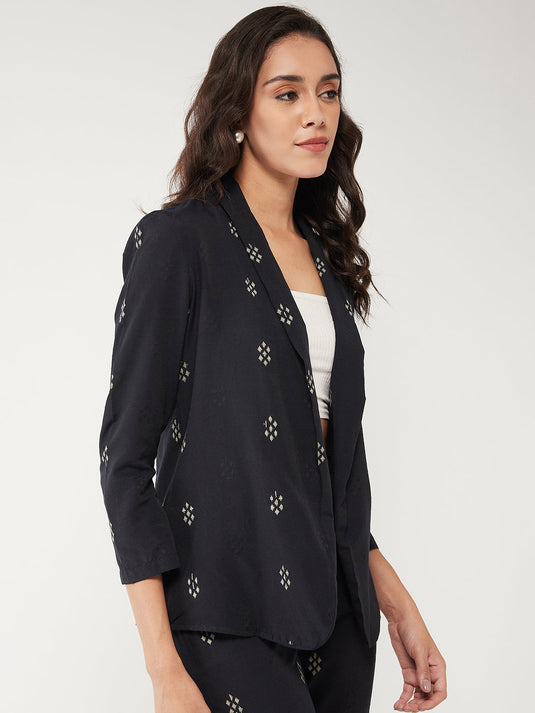 Printed Lapel Collared Front Open Blazer