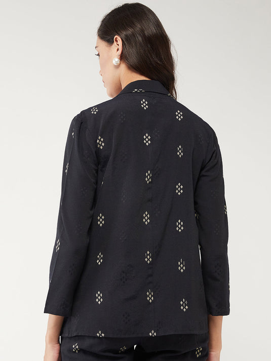 Printed Lapel Collared Front Open Blazer