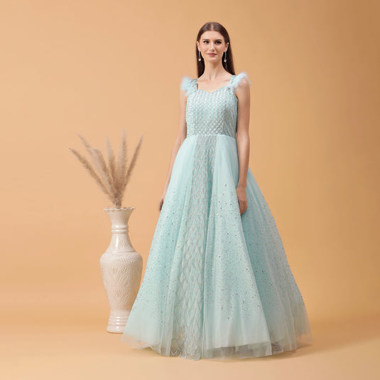 Pannkh Luxe Powder Blue Embellished Gown with Fur