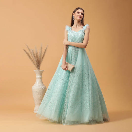 Pannkh Luxe Powder Blue Embellished Gown with Fur