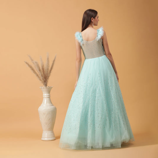 Pannkh Luxe Powder Blue Embellished Gown with Fur