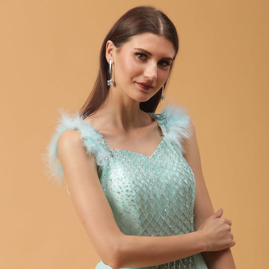 Pannkh Luxe Powder Blue Embellished Gown with Fur