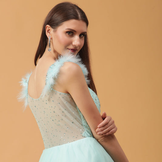 Pannkh Luxe Powder Blue Embellished Gown with Fur