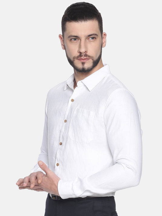 Men Herringbone White Hemp Formal Full Sleeve Shirt