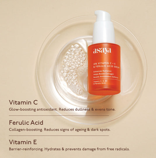 Ingredients in Asaya's glow & collagen boosting serum are Vitamin C, Ferulic acid and Vitamin E