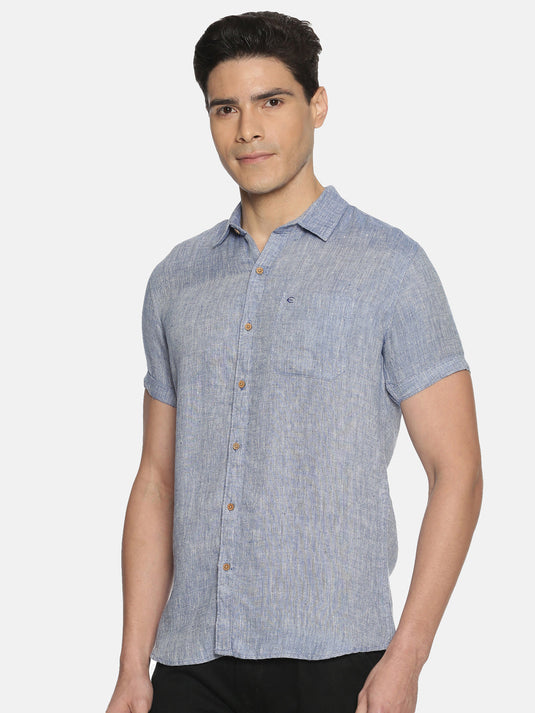 Men Navy Blue Hemp Casual Half Sleeve Shirt