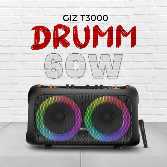 GIZMORE Trolley T3000 DRUMM 60 W Bluetooth Portable Party Speaker Up to 4 hrs Playtime with Digital LED Display, RGB Lights, Multi Connectivity USB, FM, AUX, SD Card & Wireless MIC for Karaoke Party