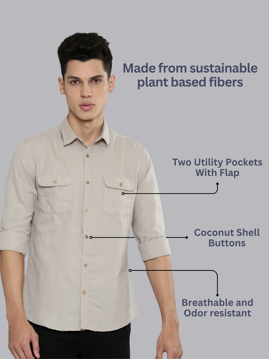 Men Hemp Beige Double Pocket Utility Shirt