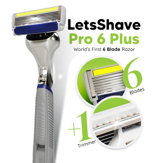 LetsShave Pro 6 Plus Face & Head Shaving Razor Value Set | World's First 6-Blade Razor with Precision Edge | Argan Oil & Aloe Vera Infused moisturizing strip | Sold in 130 Countries | Razor + 4 Blades + Razor Cap